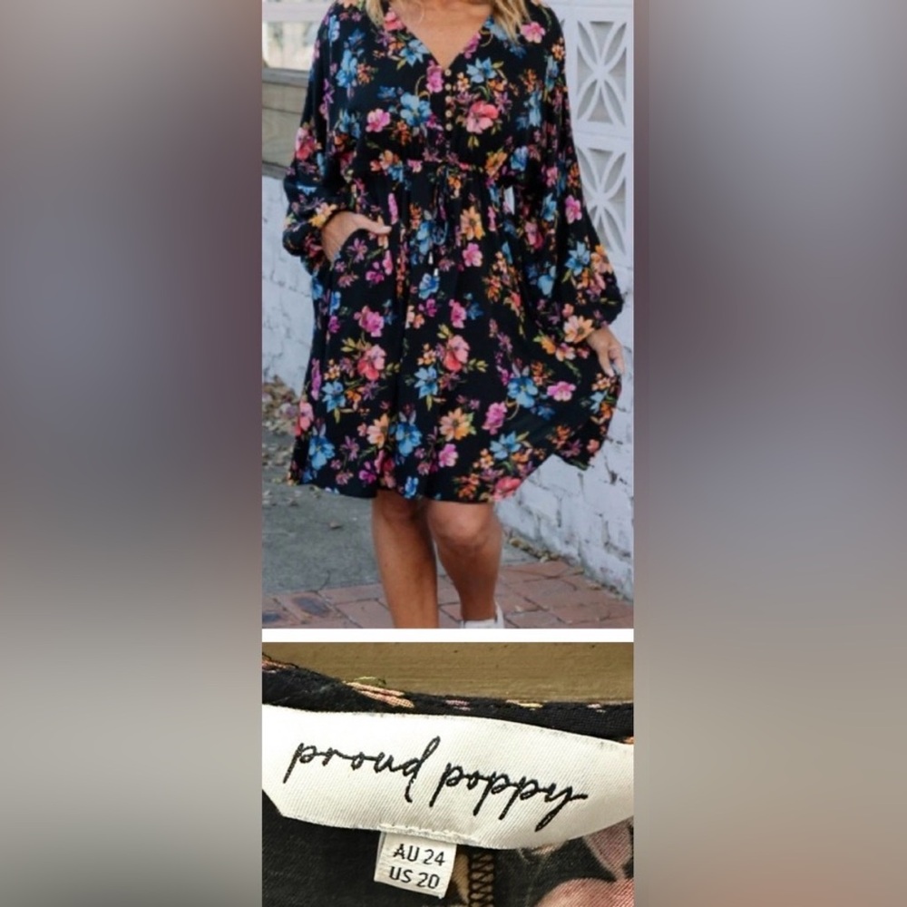 Proud Poppy Floral Long Sleeve Dress - Black